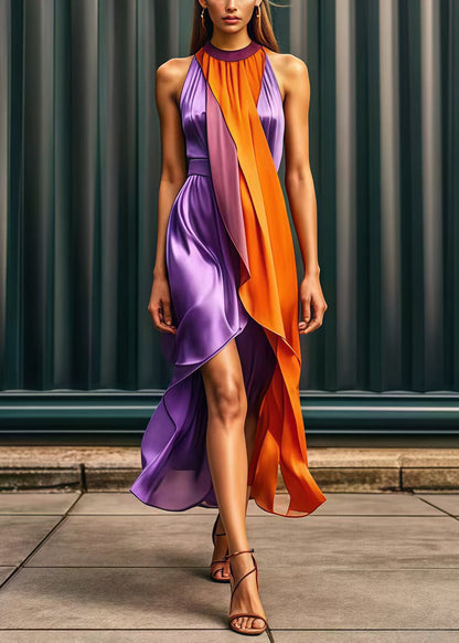 Casual Purple Asymmetrical Patchwork Silk Holiday Dress Summer