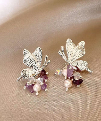 Casual Purple Copper Alloy Zircon Butterfly Pearl Stud Earrings