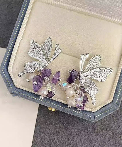 Casual Purple Copper Alloy Zircon Butterfly Pearl Stud Earrings