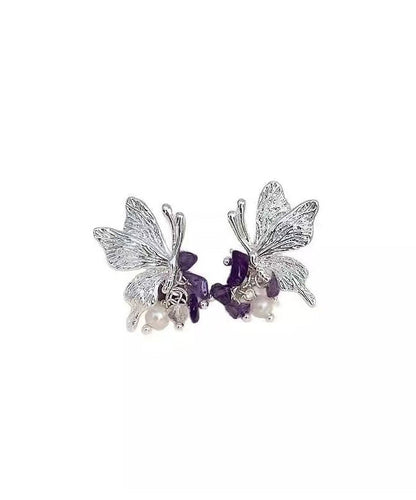 Casual Purple Copper Alloy Zircon Butterfly Pearl Stud Earrings