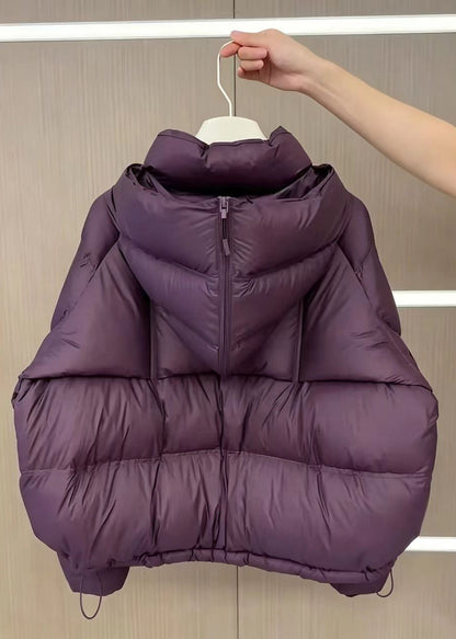 Casual Purple Hooded Pockets Drawstring Cotton Filled Parka Winter