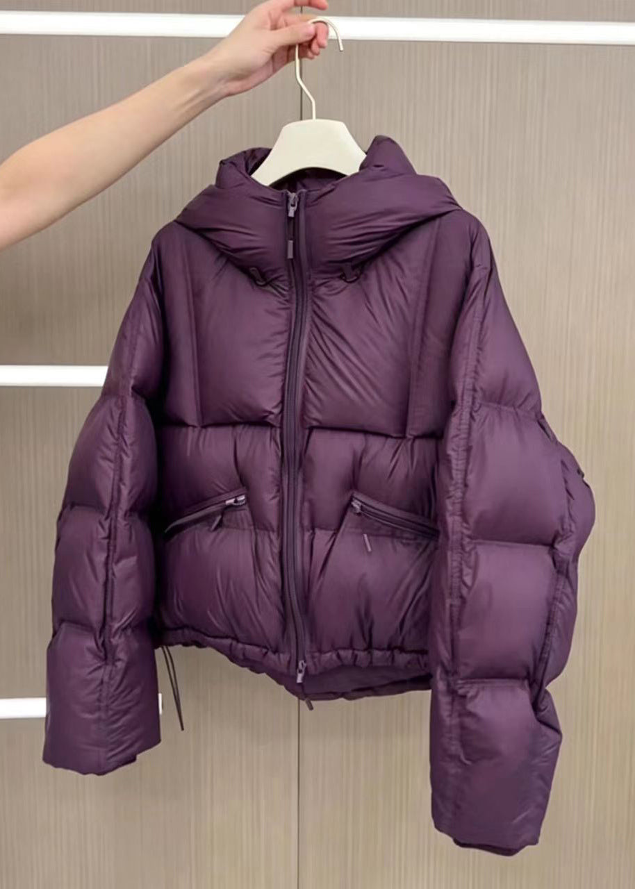 Casual Purple Hooded Pockets Drawstring Cotton Filled Parka Winter