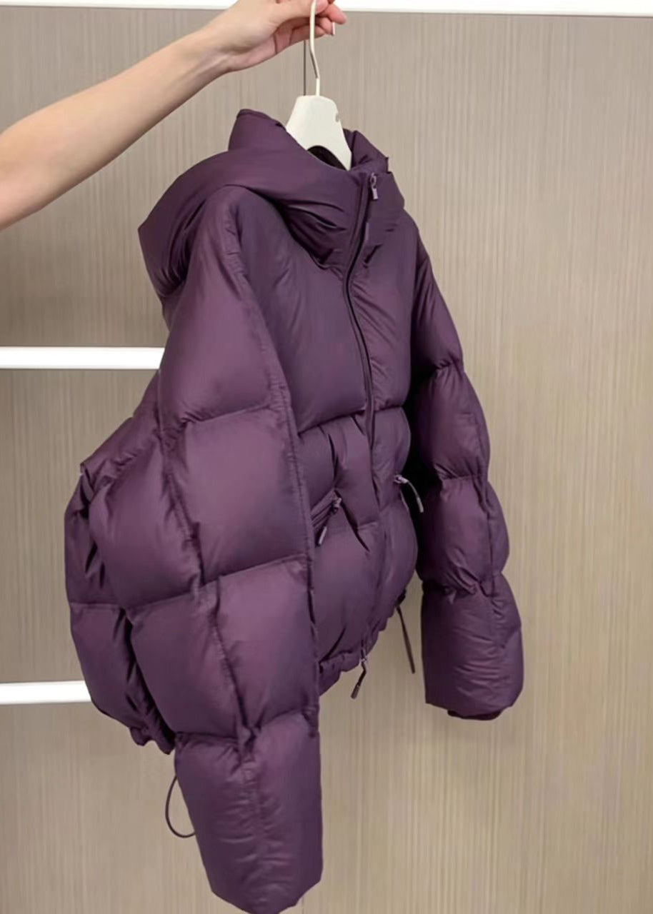 Casual Purple Hooded Pockets Drawstring Cotton Filled Parka Winter