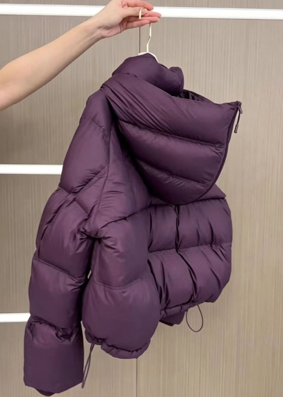 Casual Purple Hooded Pockets Drawstring Cotton Filled Parka Winter
