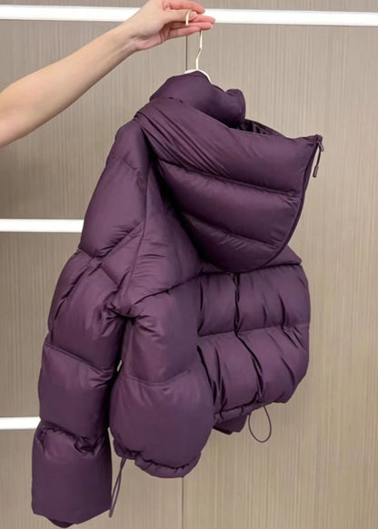 Casual Purple Hooded Pockets Drawstring Cotton Filled Parka Winter
