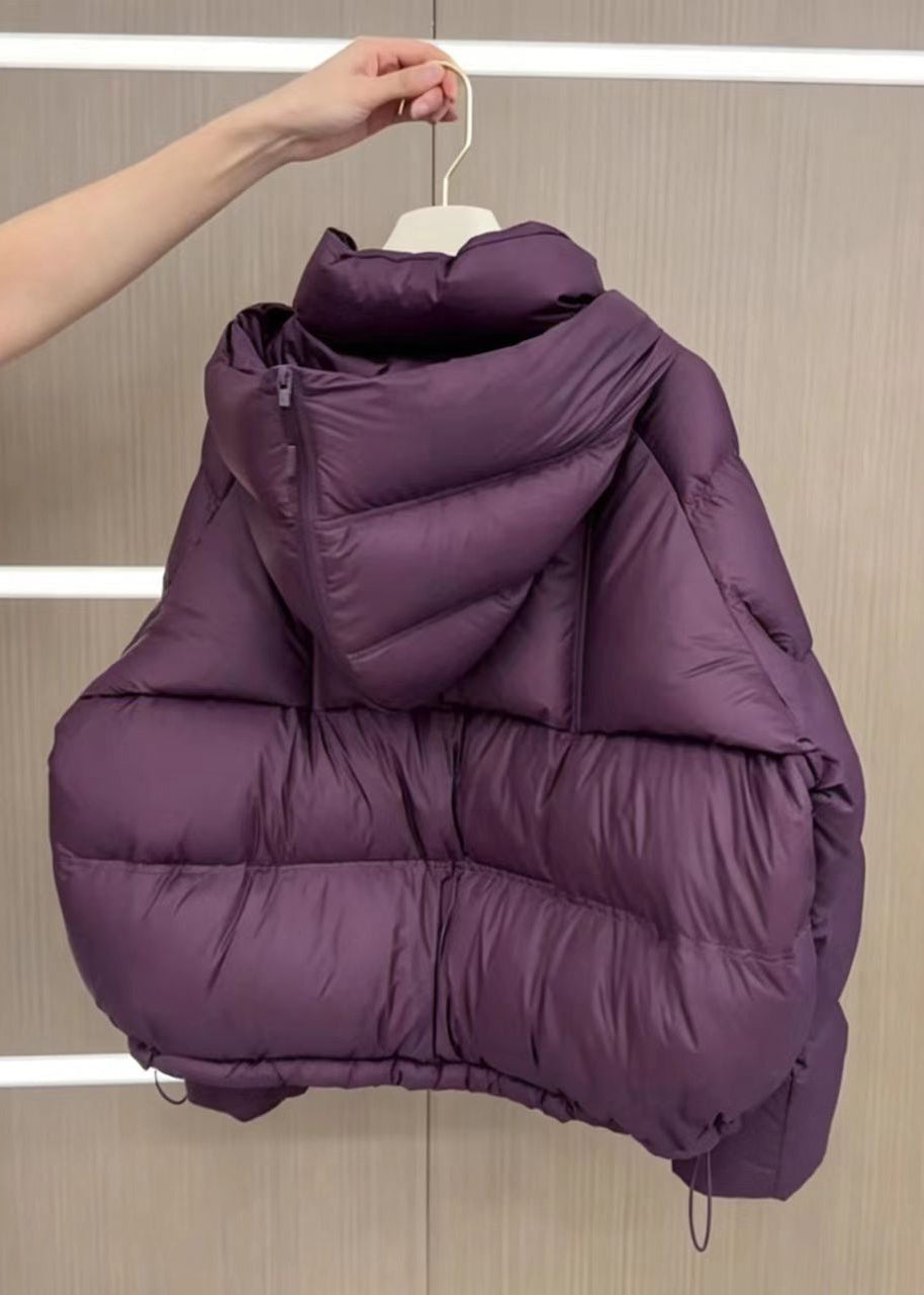 Casual Purple Hooded Pockets Drawstring Cotton Filled Parka Winter