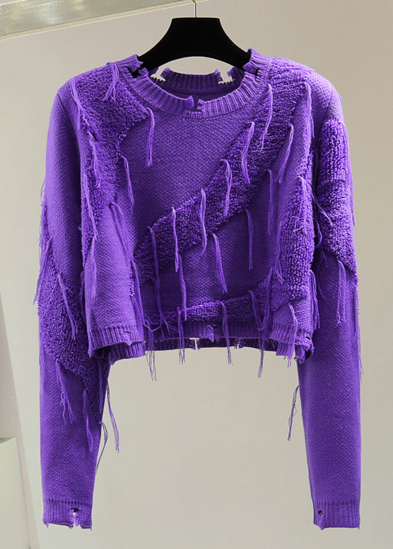 Casual Purple O-Neck Ripped Tassel Cotton Knit Sweater Winter
