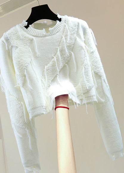 Casual Purple O-Neck Ripped Tassel Cotton Knit Sweater Winter