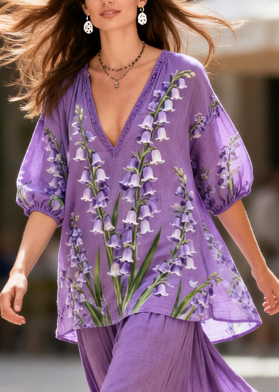 Casual Purple Oversized Print Cotton 2 Piece Outfit Summer