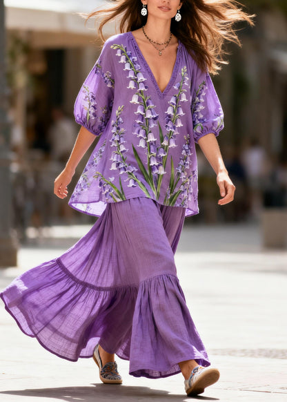 Casual Purple Oversized Print Cotton 2 Piece Outfit Summer