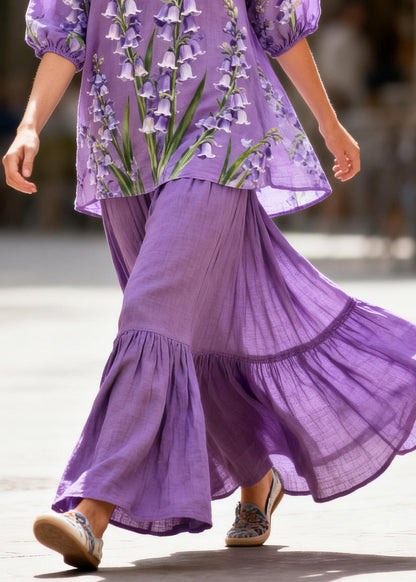 Casual Purple Oversized Print Cotton 2 Piece Outfit Summer