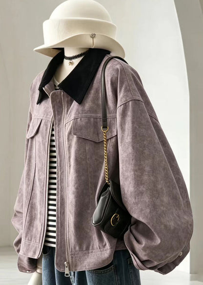 Casual Purple Patchwork Turn-Down Collar Jacket Fall