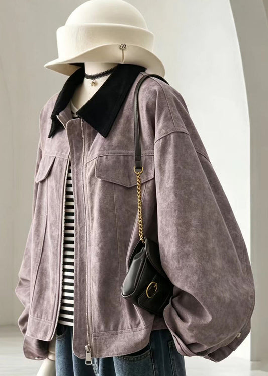 Casual Purple Patchwork Turn-Down Collar Jacket Fall