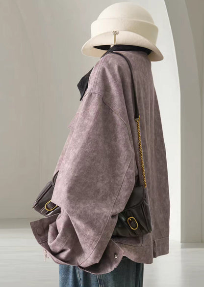Casual Purple Patchwork Turn-Down Collar Jacket Fall