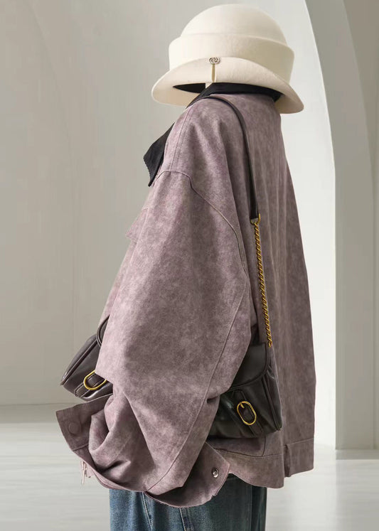 Casual Purple Patchwork Turn-Down Collar Jacket Fall