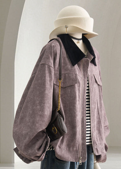 Casual Purple Patchwork Turn-Down Collar Jacket Fall