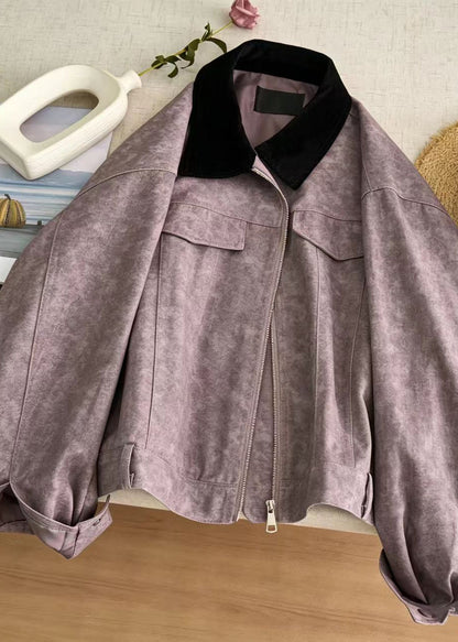 Casual Purple Patchwork Turn-Down Collar Jacket Fall