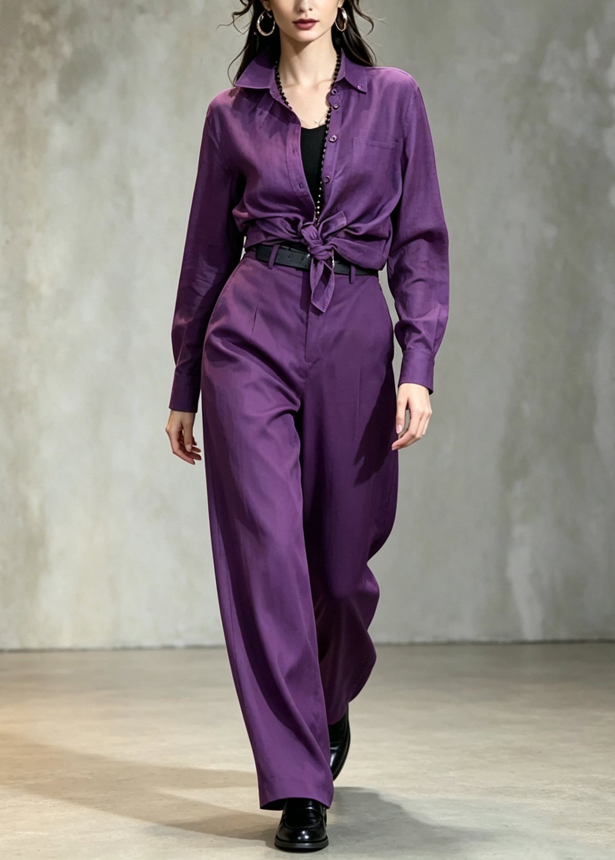Casual Purple Peter Pan Collar Linen Two Pieces Set Fall
