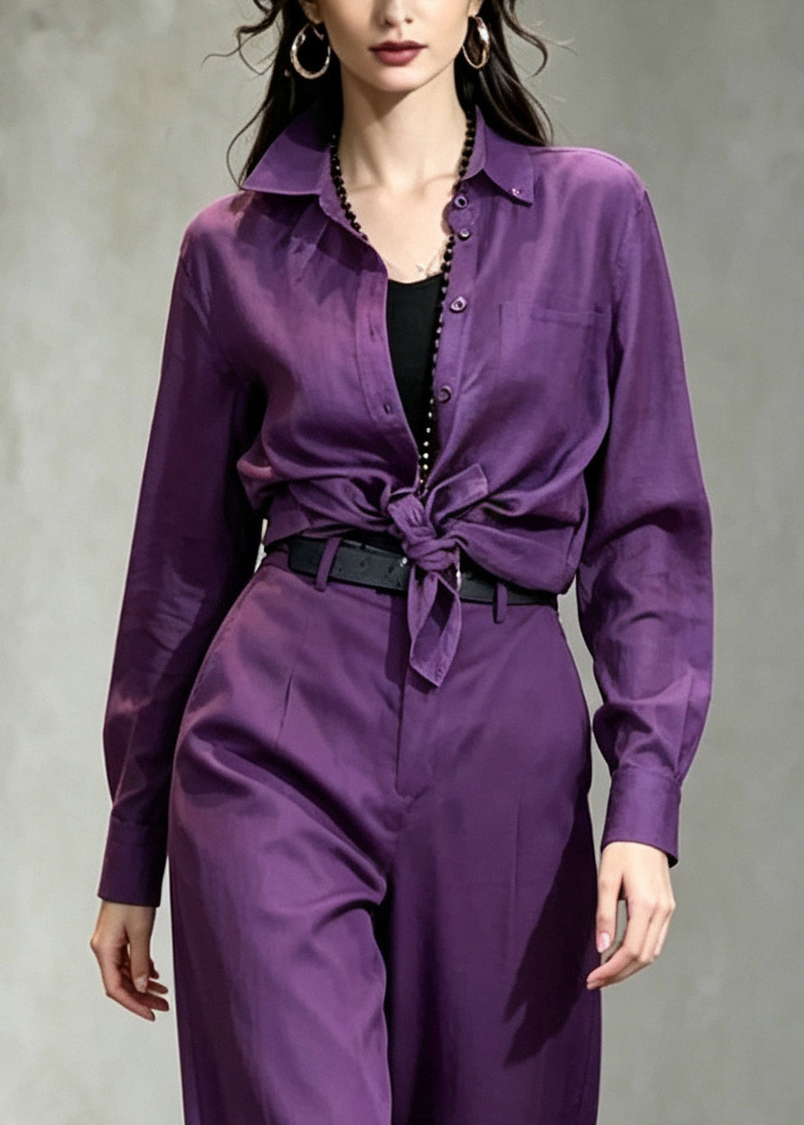 Casual Purple Peter Pan Collar Linen Two Pieces Set Fall