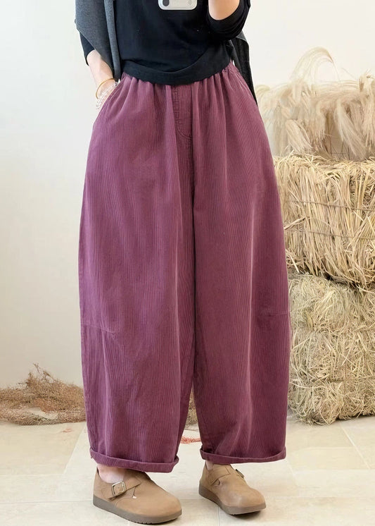 Casual Purple Pockets Patchwork Elastic Waist Corduroy Pants Autumn