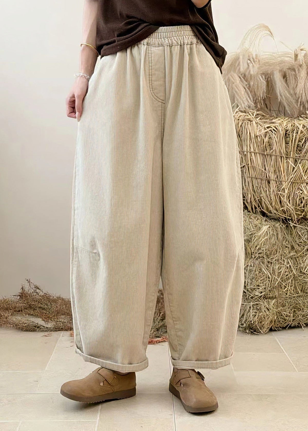 Casual Purple Pockets Patchwork Elastic Waist Corduroy Pants Autumn