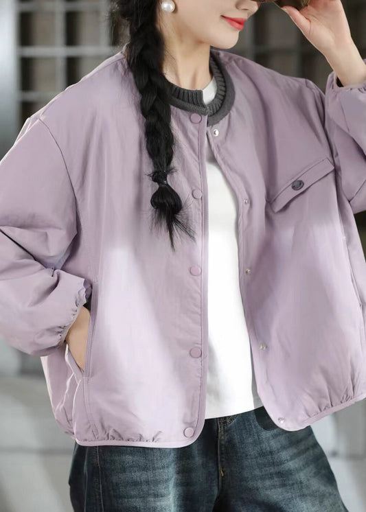 Casual Purple Pockets Patchwork Fine Cotton Filled Coat Winter