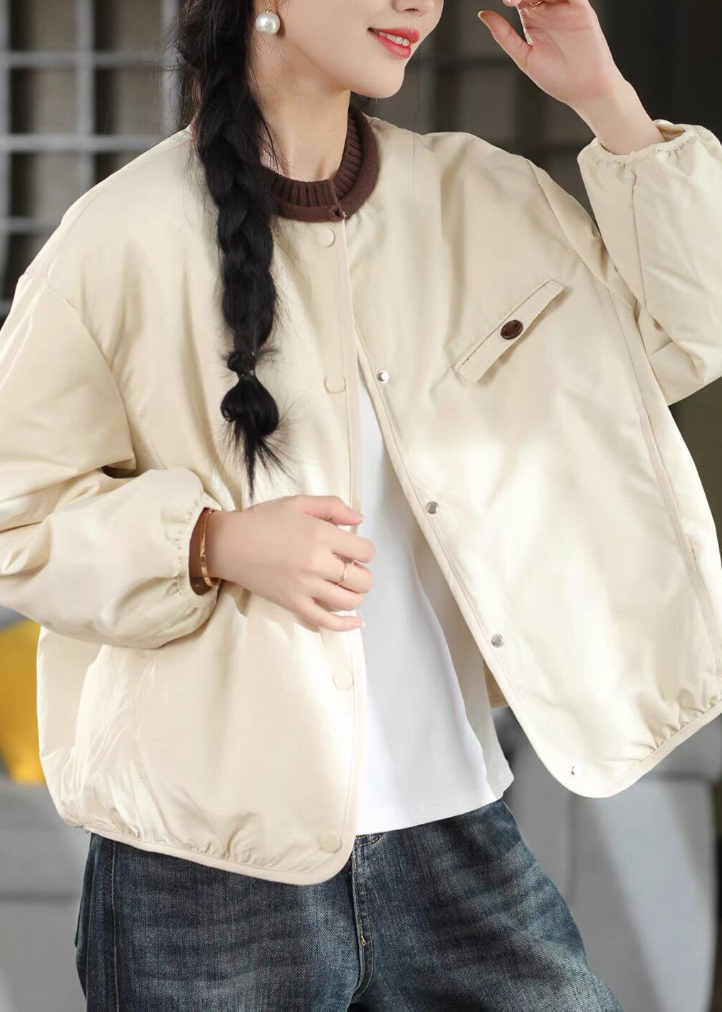 Casual Purple Pockets Patchwork Fine Cotton Filled Coat Winter