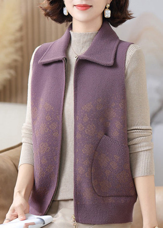 Casual Purple Pockets Patchwork Knit Waistcoat Sleeveless