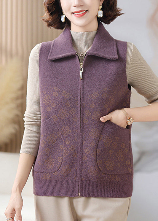Casual Purple Pockets Patchwork Knit Waistcoat Sleeveless