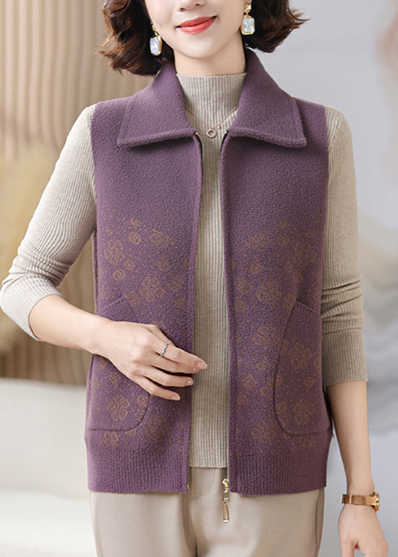 Casual Purple Pockets Patchwork Knit Waistcoat Sleeveless