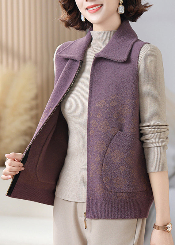 Casual Purple Pockets Patchwork Knit Waistcoat Sleeveless