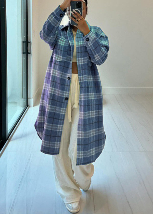 Casual Purple Pockets Plaid Woolen Shirts Coat Fall
