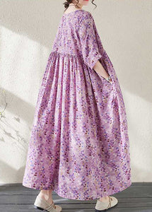 Casual Purple Print Patchwork Ankle Dress Half Sleeve