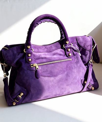 Casual Purple Rivet Solid Durable Fine Suede Tote Handbag