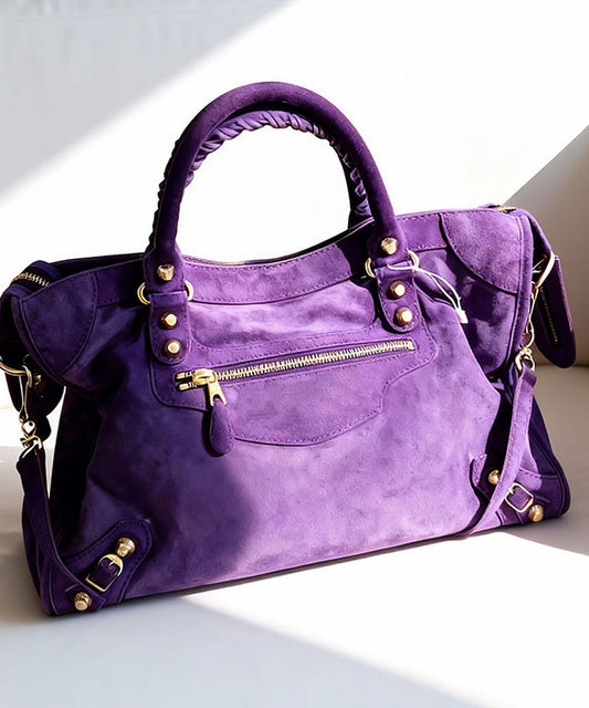 Casual Purple Rivet Solid Durable Fine Suede Tote Handbag