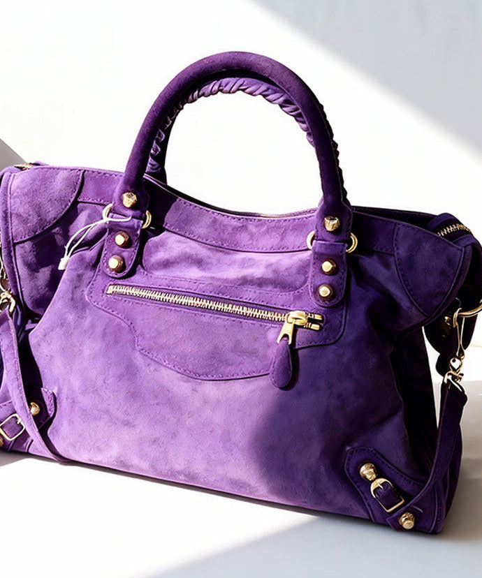 Casual Purple Rivet Solid Durable Fine Suede Tote Handbag