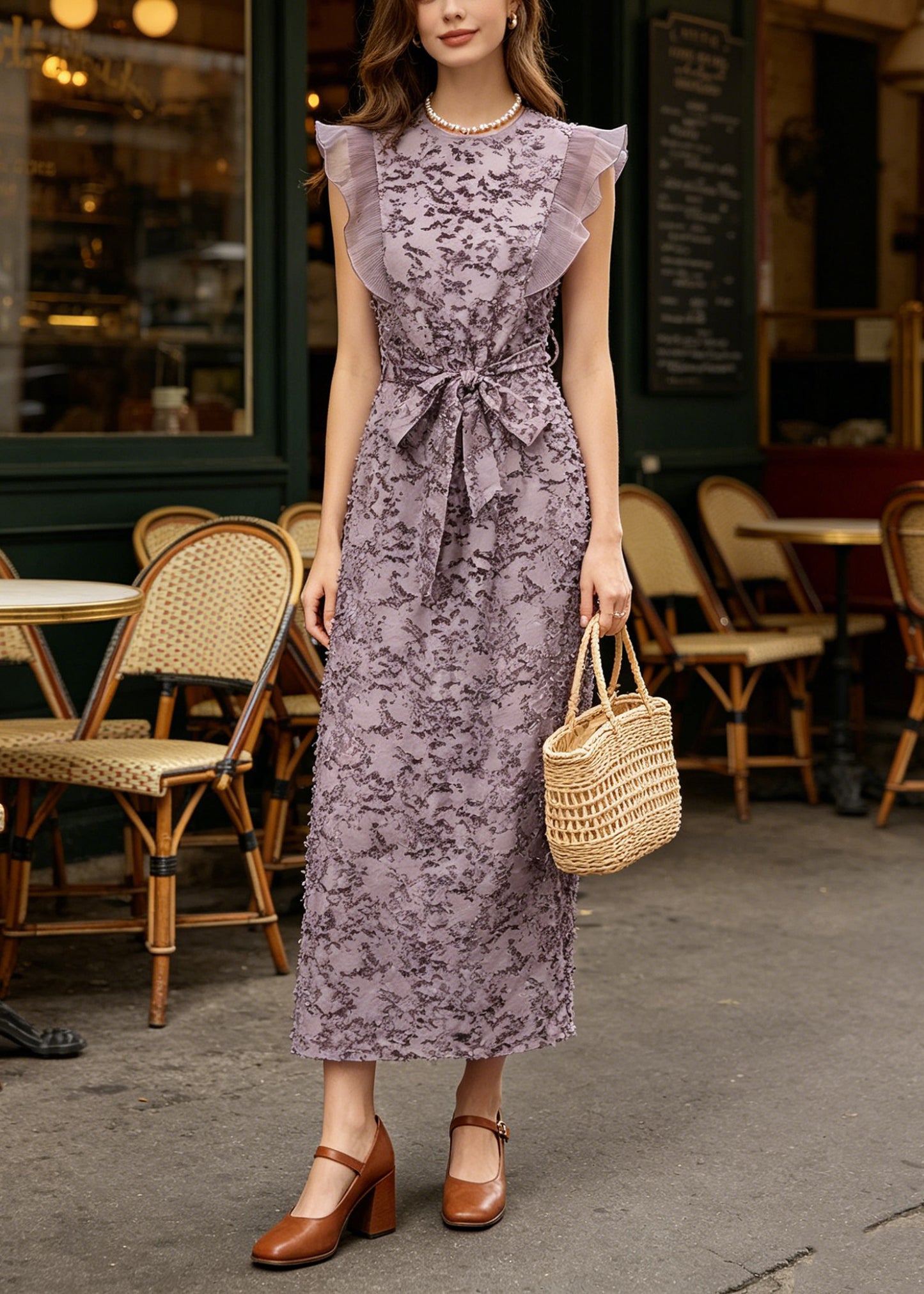 Casual Purple Ruffled Tulle Patchwork Cinched Lace Maxi Dresses Sleeveless
