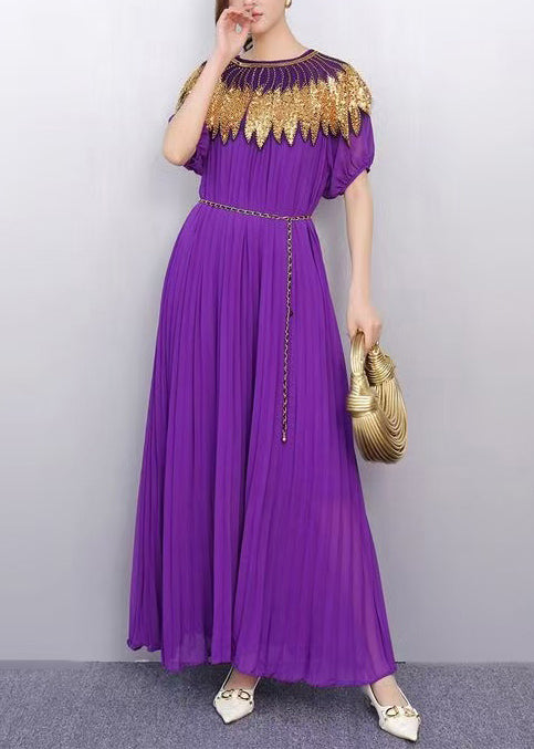 Casual Purple Sequins Chiffon Tunic Party Dress Summer