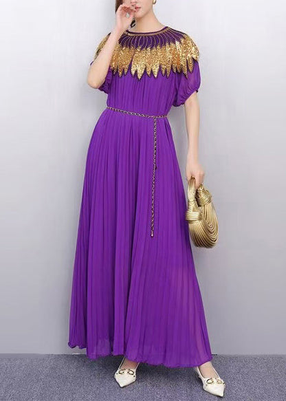 Casual Purple Sequins Chiffon Tunic Party Dress Summer