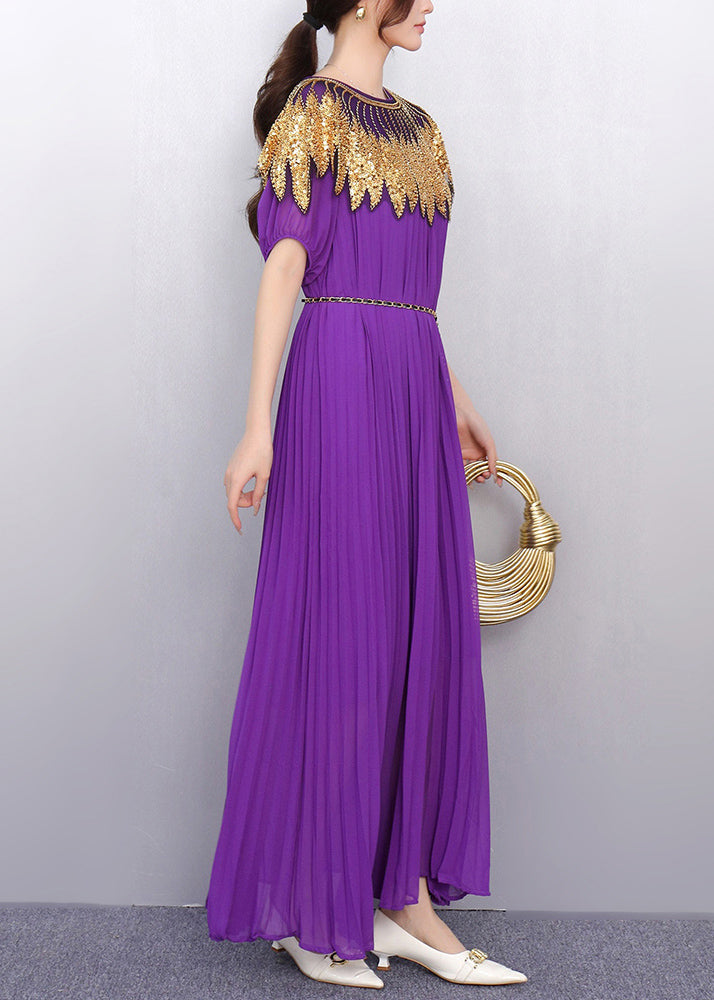 Casual Purple Sequins Chiffon Tunic Party Dress Summer
