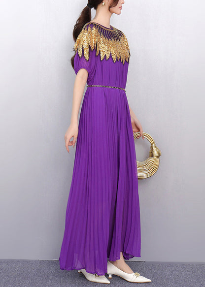 Casual Purple Sequins Chiffon Tunic Party Dress Summer