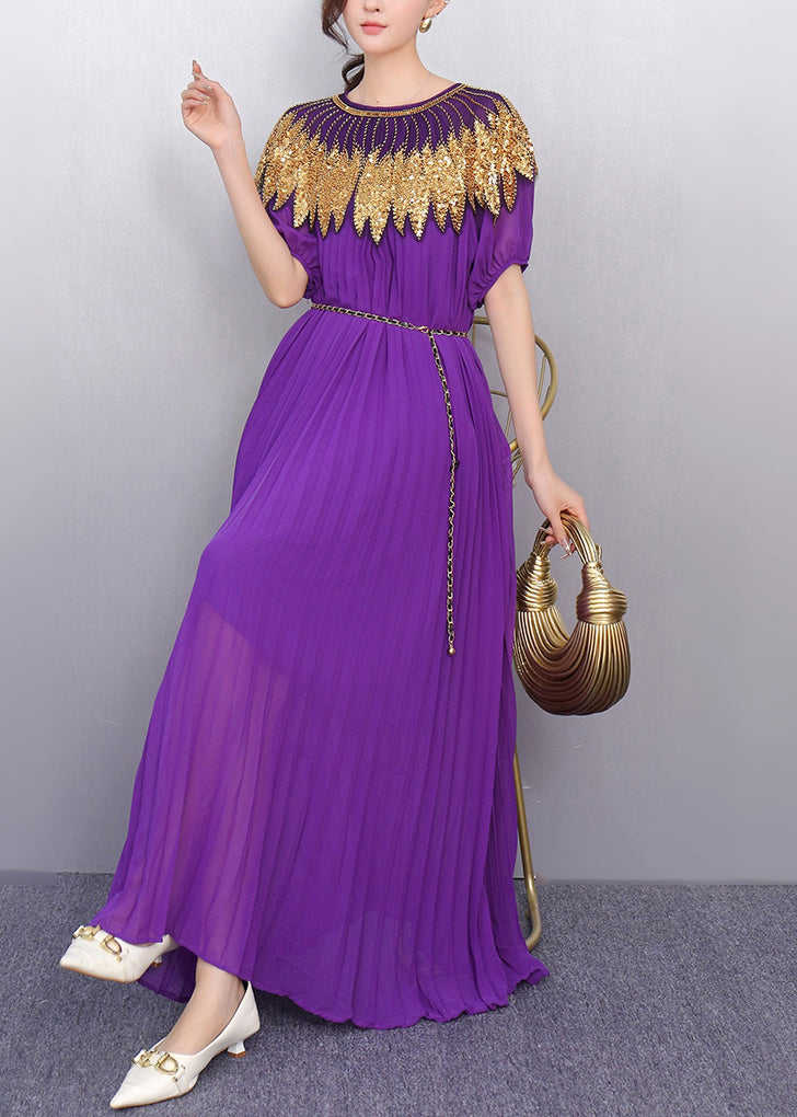 Casual Purple Sequins Chiffon Tunic Party Dress Summer