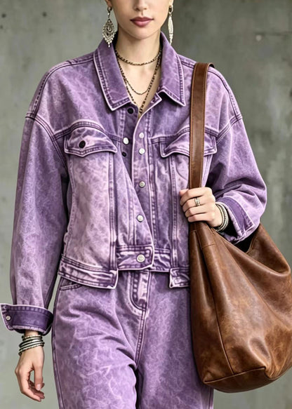 Casual Purple Turn-down Collar Denim Top And Bermuda Shorts Two Piece Set Long Sleeve