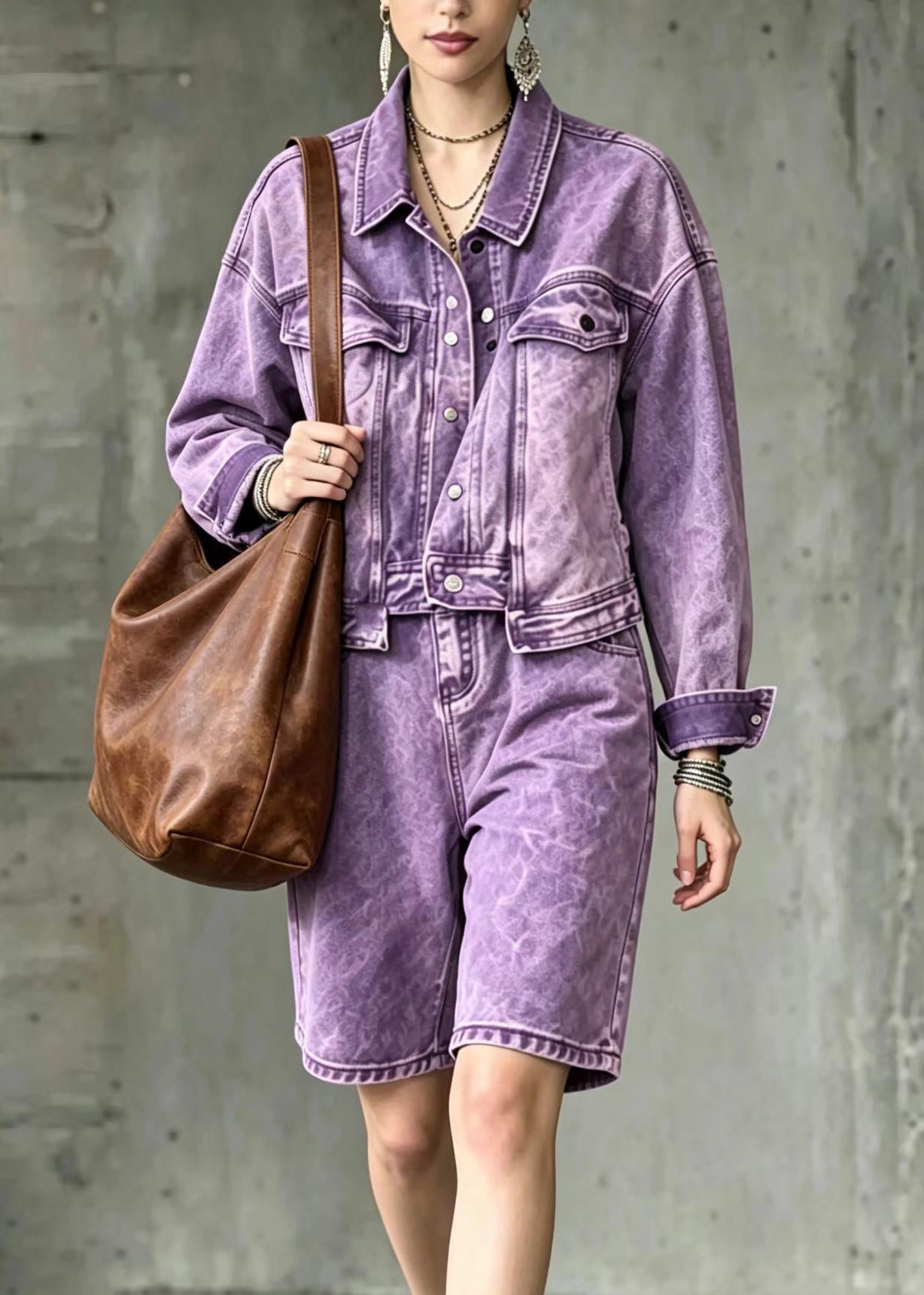 Casual Purple Turn-down Collar Denim Top And Bermuda Shorts Two Piece Set Long Sleeve