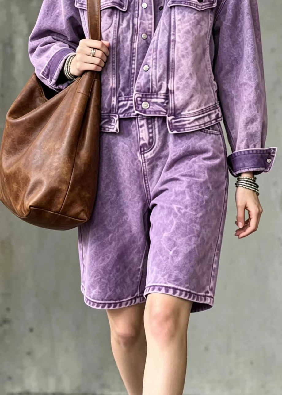 Casual Purple Turn-down Collar Denim Top And Bermuda Shorts Two Piece Set Long Sleeve