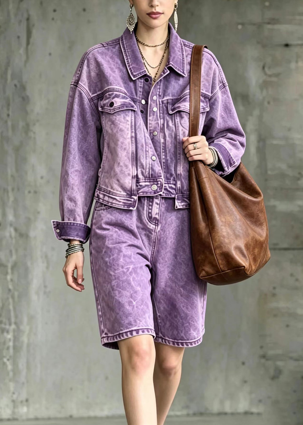 Casual Purple Turn-down Collar Denim Top And Bermuda Shorts Two Piece Set Long Sleeve