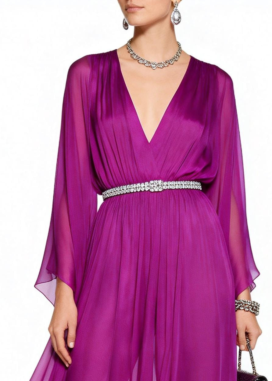 Casual Purple V Neck Draping Chiffon Vacation Dresses Summer