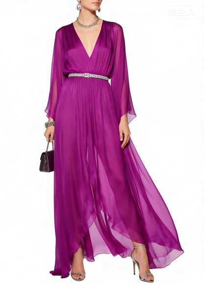 Casual Purple V Neck Draping Chiffon Vacation Dresses Summer