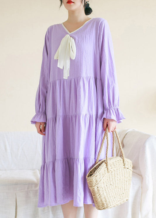 Casual Purple V Neck Patchwork Cotton Maxi Dress Long Sleeve
