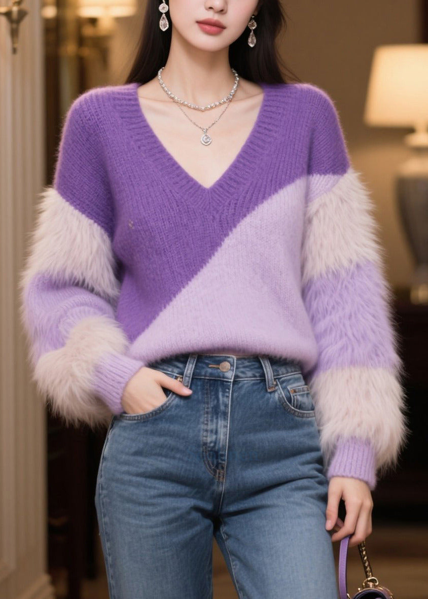 Casual Purple V Neck Patchwork Faux Fur Short Sweater Winter